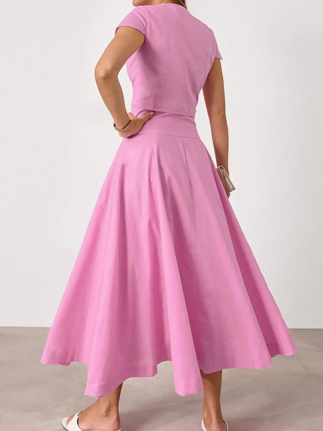 Two-Piece Women's Set with Short Sleeve Top and Long Buttoned Skirt