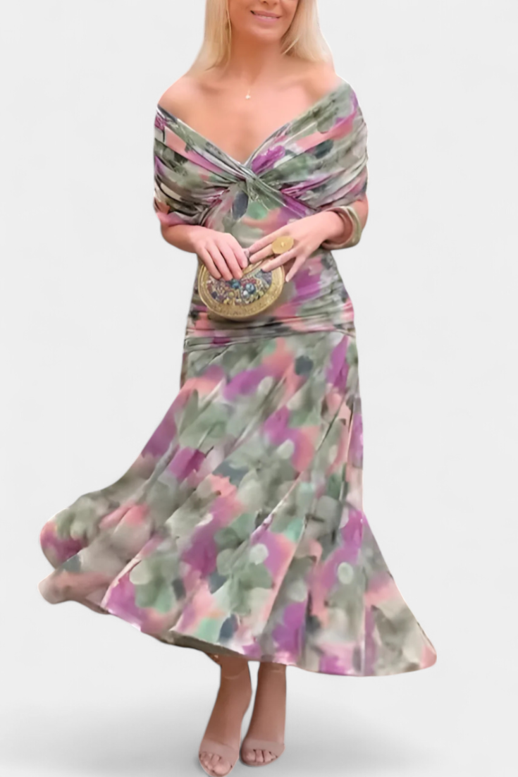 Vestido comprido para mulher — decote em V e corpo franzido — casamento