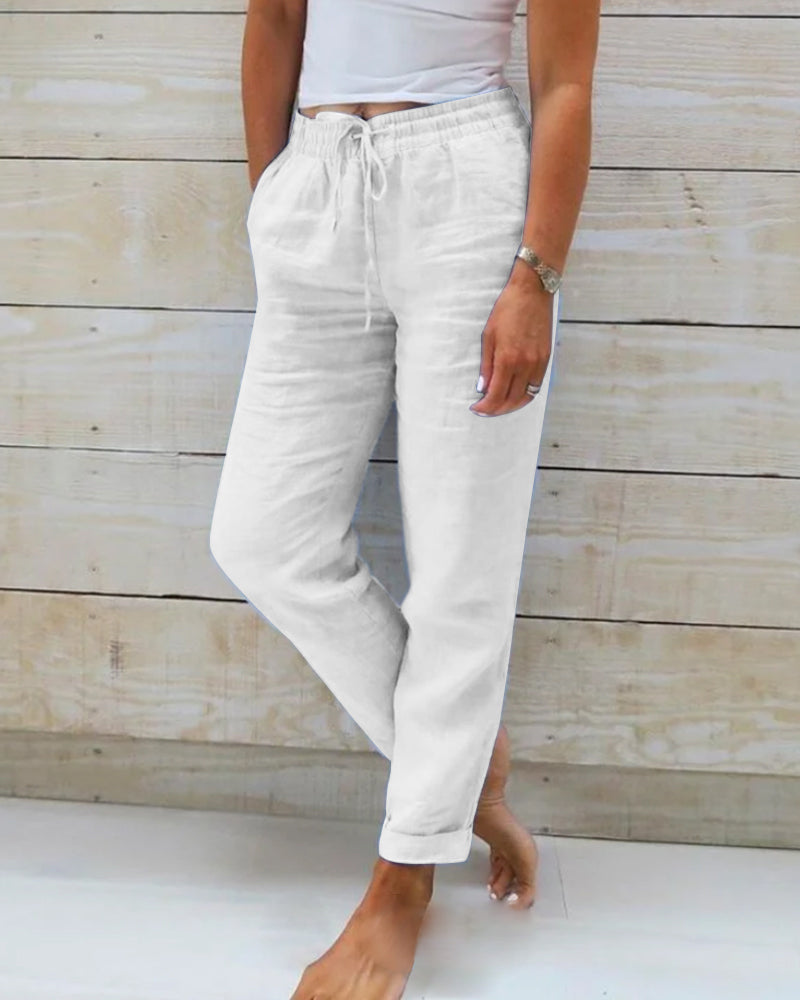 Pantalones de Lino y Algodón con Cintura Elástica y Cordón para Mujer