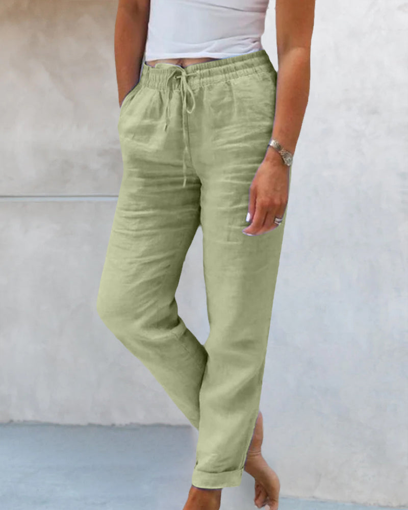 Pantalones de Lino y Algodón con Cintura Elástica y Cordón para Mujer