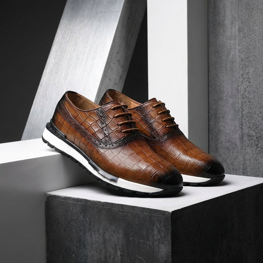 Sapatos Oxford em pele genuína para homem com sola de borracha e fecho de atacadores