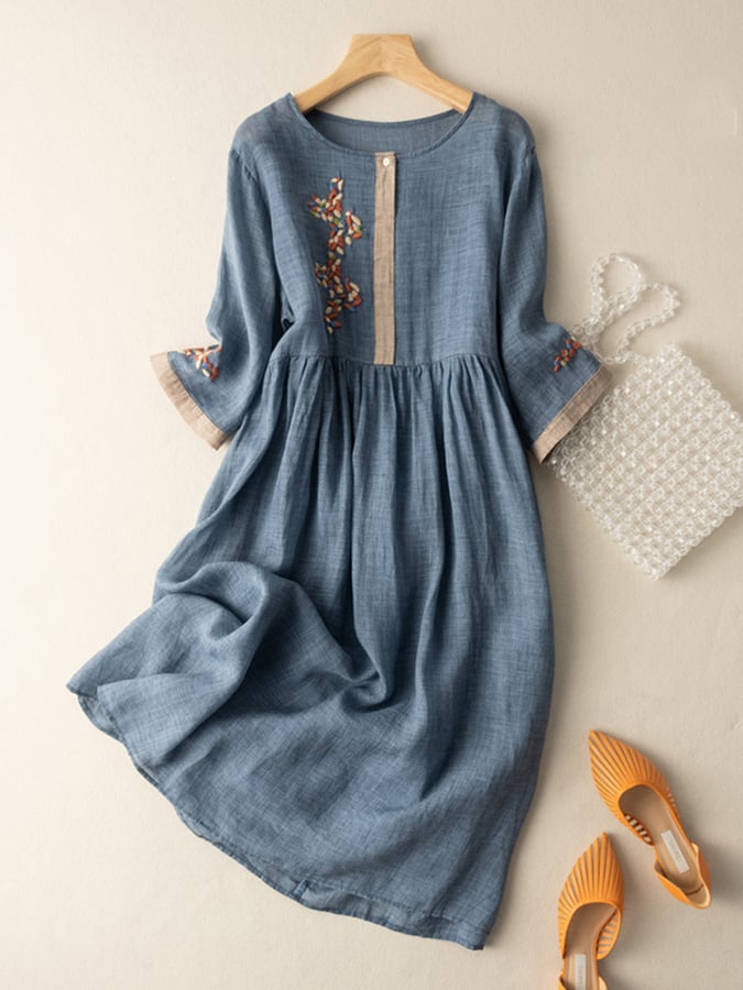 Vestido Midi de Algodón y Lino con Bordado Étnico y Manga Larga de Estilo Retro