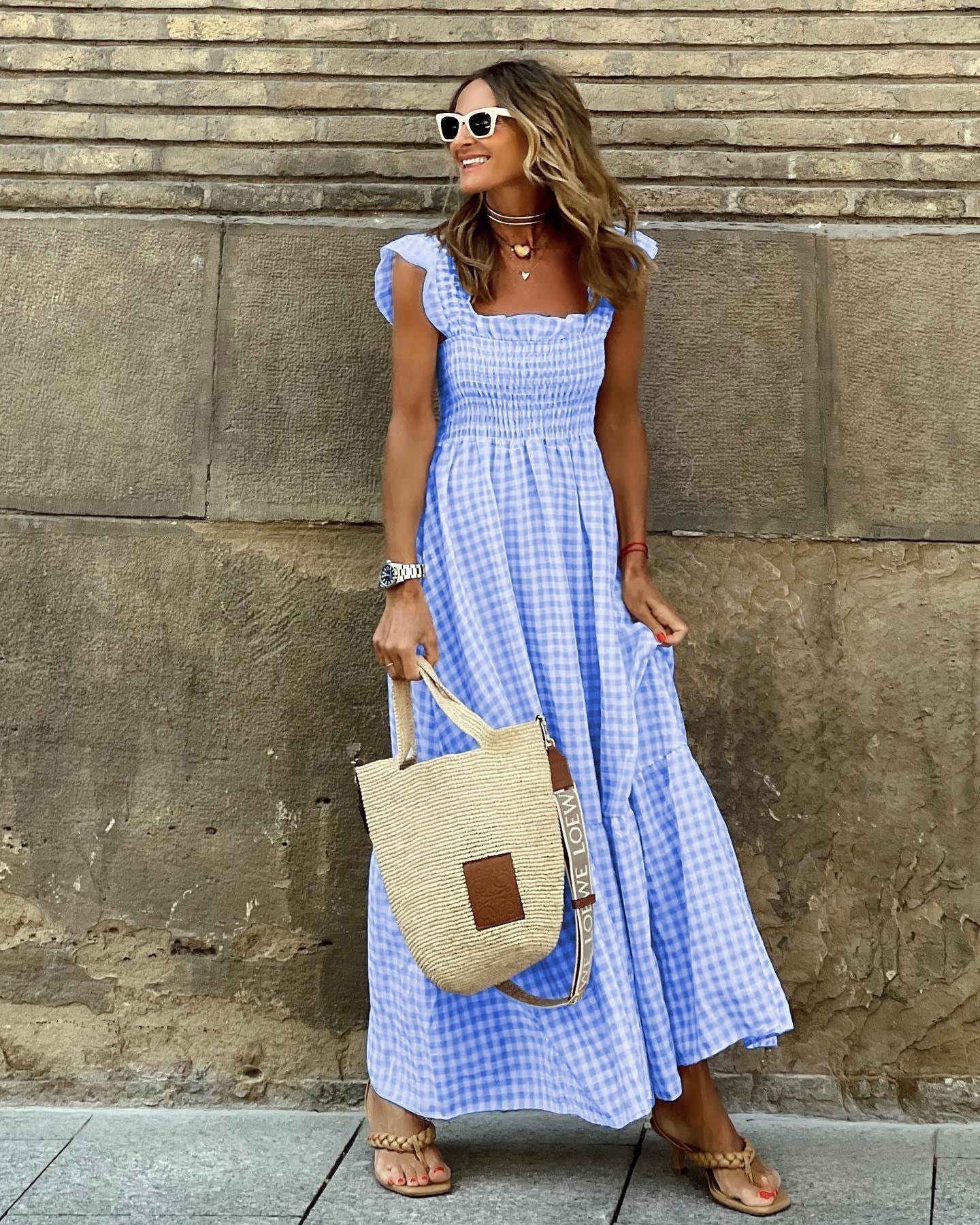 Long checkered dress | midi dress with ruched bodice