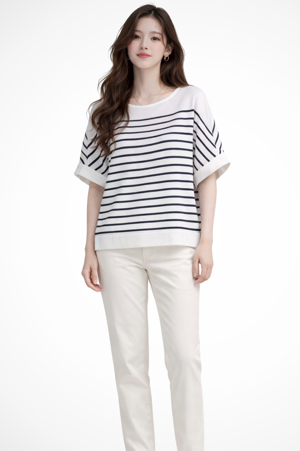 T-shirt às riscas para mulher com decote redondo e corte oversize