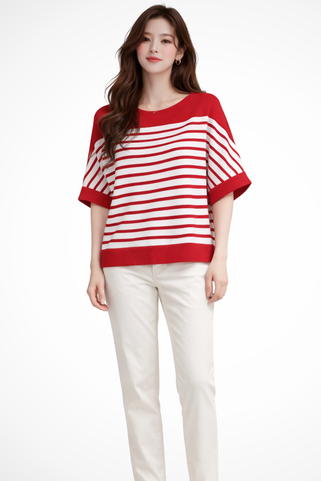 T-shirt às riscas para mulher com decote redondo e corte oversize