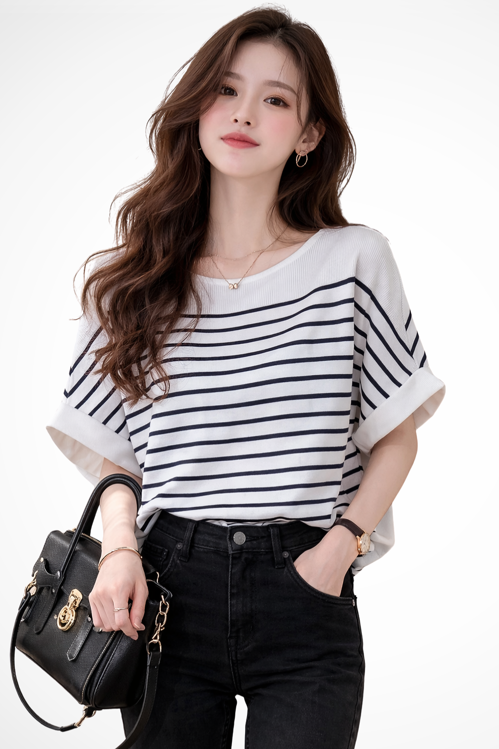 T-shirt às riscas para mulher com decote redondo e corte oversize