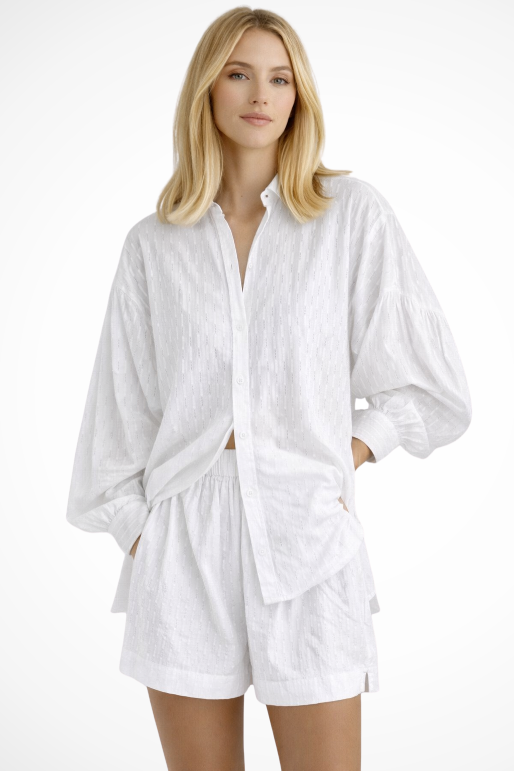 Two-Piece Women's Set with Broderie Shirt and Shorts