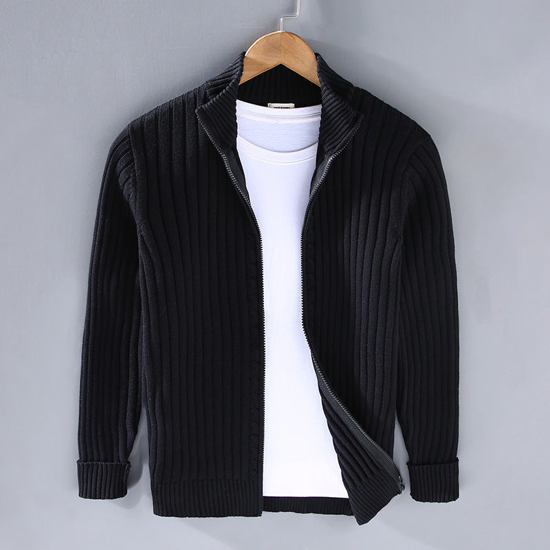 Men's fitted knit jacket with front zipper and high collar