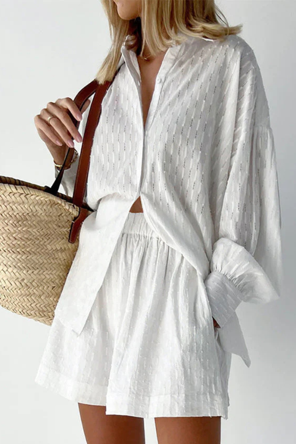 Two-Piece Women's Set with Broderie Shirt and Shorts