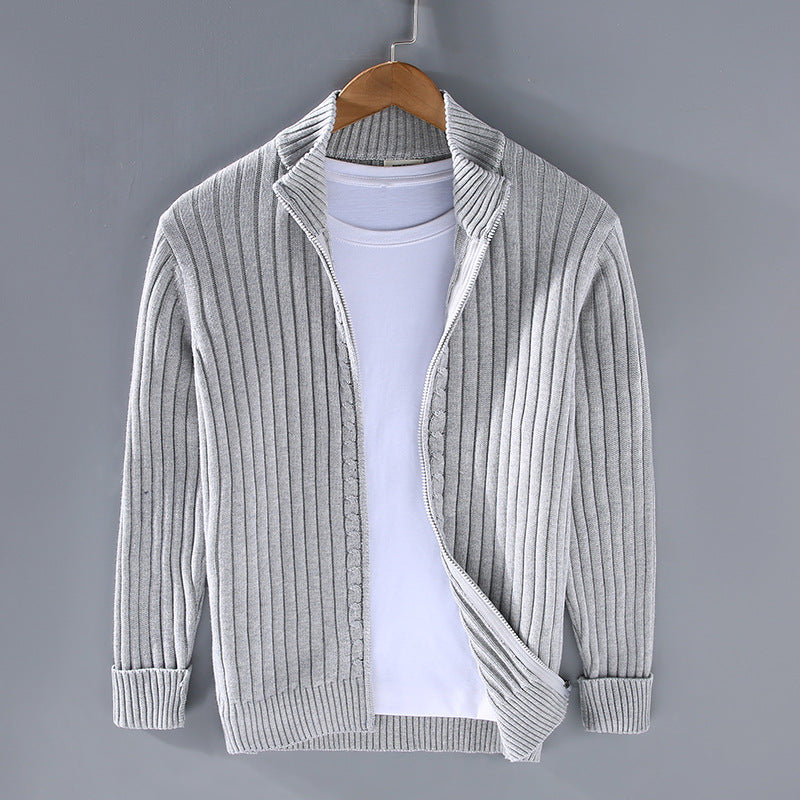 Men's fitted knit jacket with front zipper and high collar