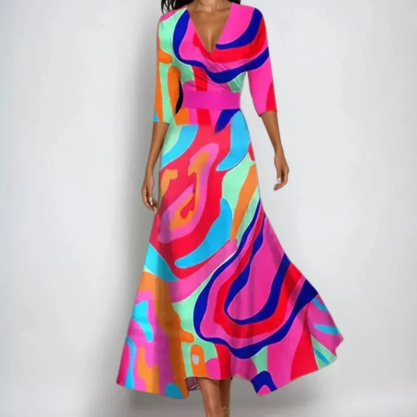 Robe longue pour femme avec décolleté en V et imprimé floral à manches longues