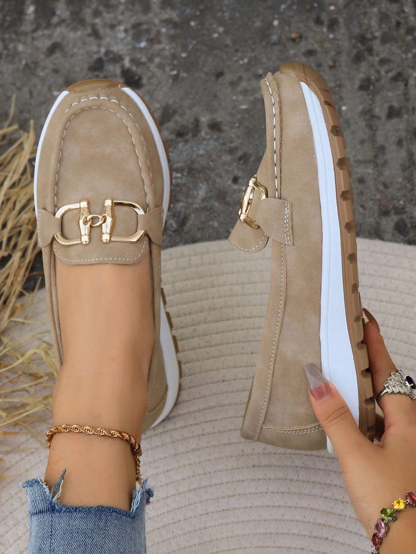 Flat Loafers with Link Buckle and Rubber Sole for Women