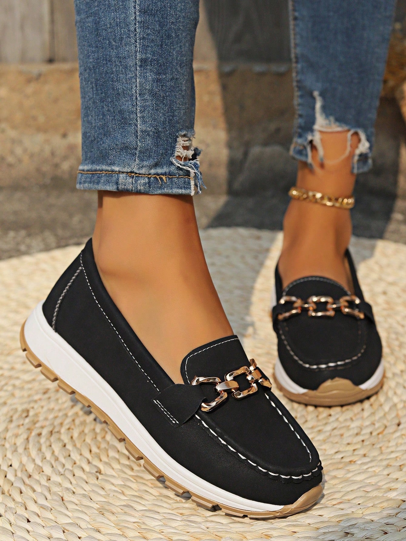 Flat Loafers with Link Buckle and Rubber Sole for Women