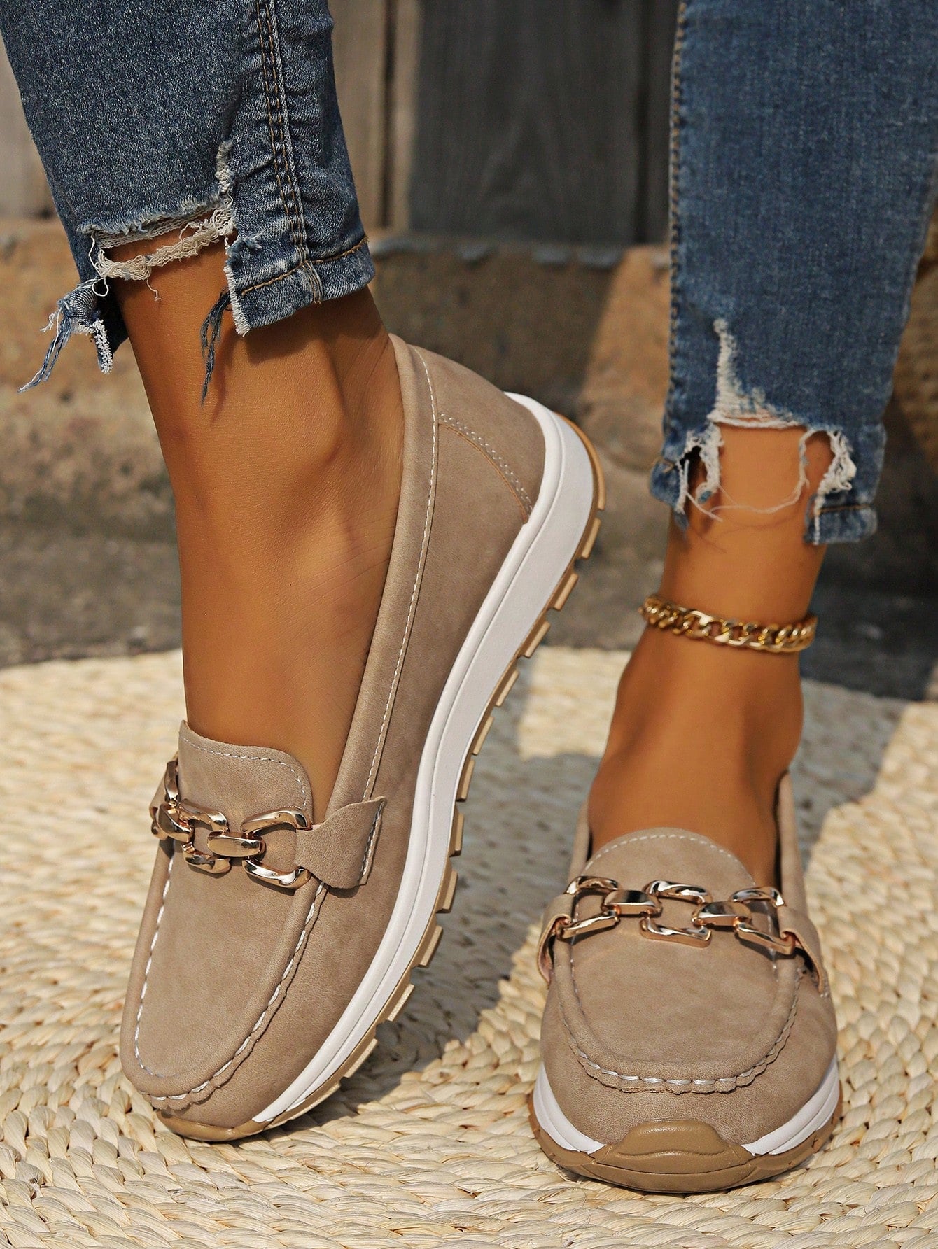 Flat Loafers with Link Buckle and Rubber Sole for Women
