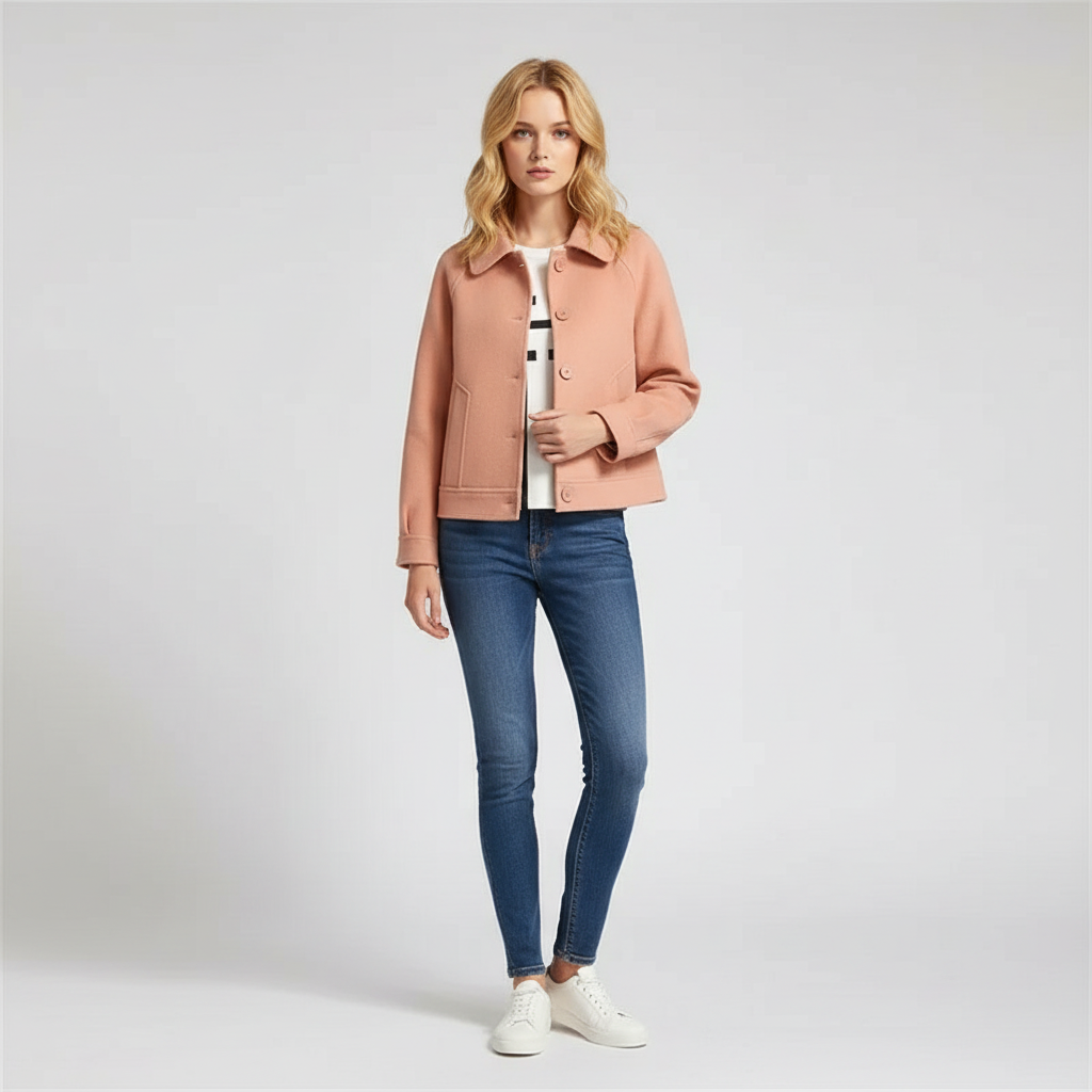 Wool Blend Jacket with Buttons and Shirt Collar for Women