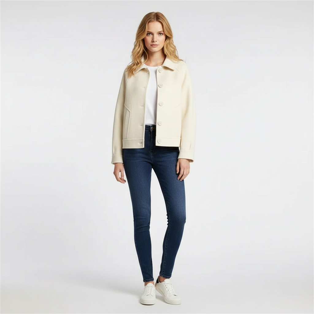 Wool Blend Jacket with Buttons and Shirt Collar for Women