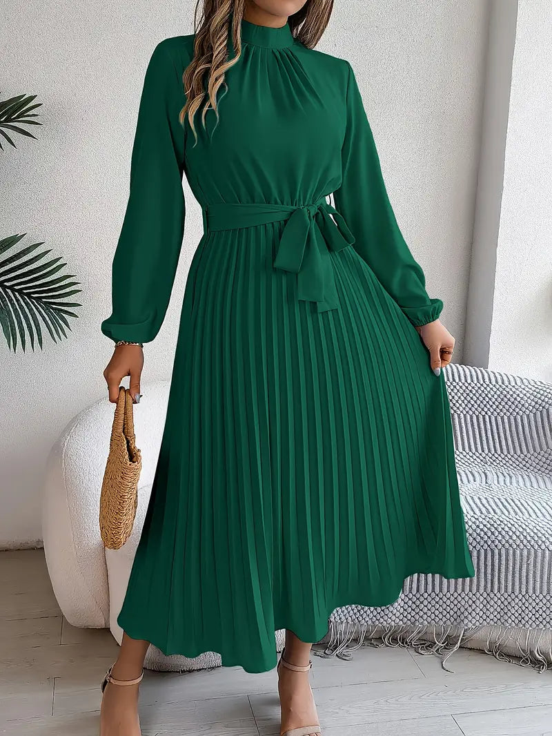 Vestido Longo Plissado de Manga Comprida com Gola Alta e Cinto para Mulher