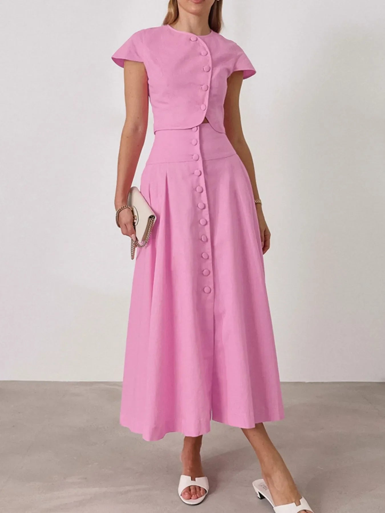 Two-Piece Women's Set with Short Sleeve Top and Long Buttoned Skirt