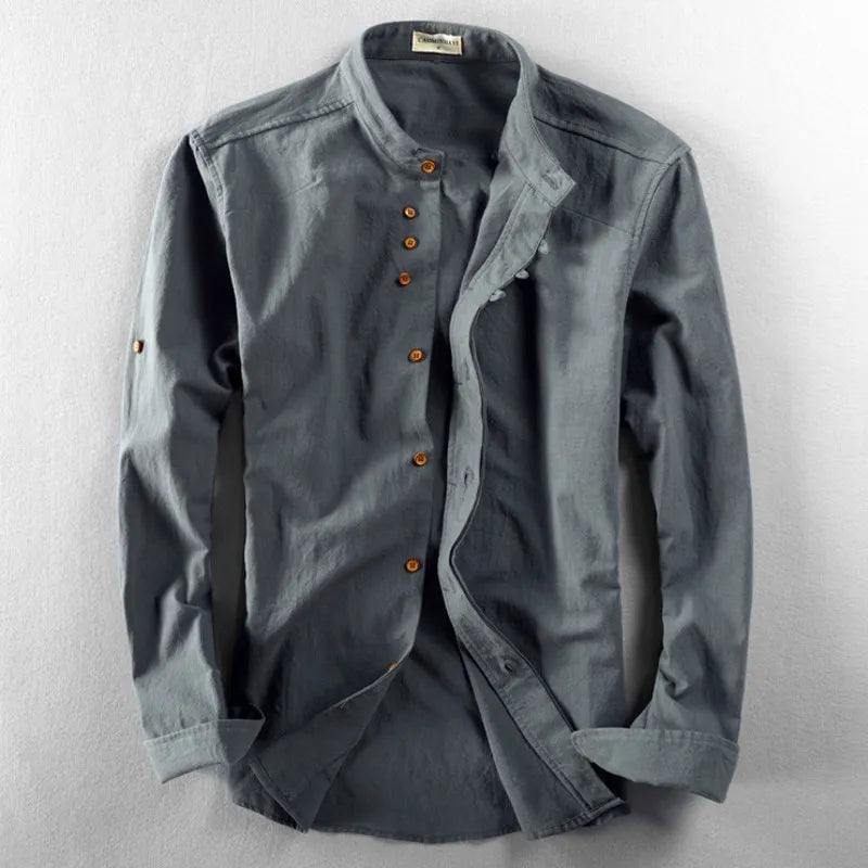 Férfi pamut-len ing Mao gallérral és hosszú ujjú slim fit szabással