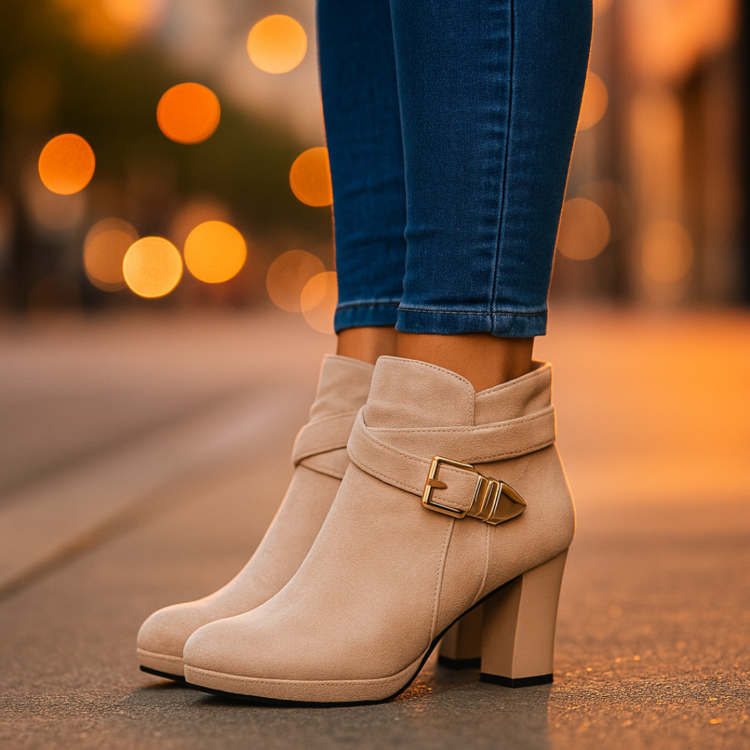 Botine cu Toc Gros pentru Femei cu Cataramă și Talpă Antiderapantă de Cauciuc