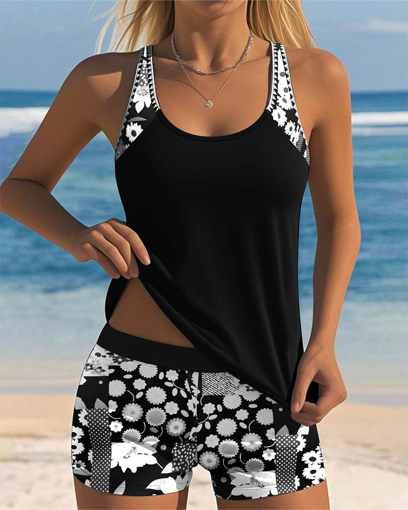 Bañador Tankini de Dos Piezas Estampado de Flores Top sin Mangas y Pantalones Cortos