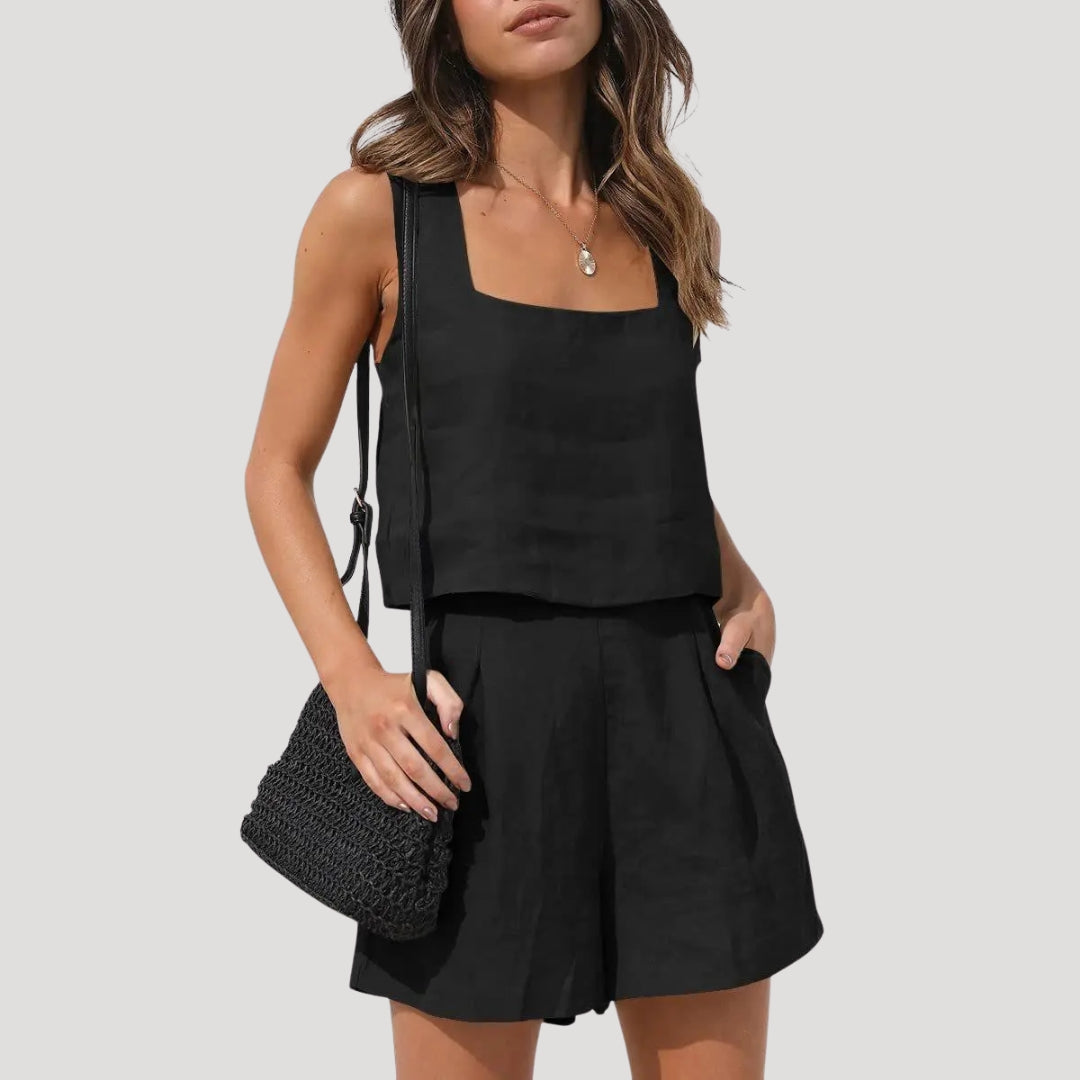 Conjunto de Lino para Mujer con Top sin Mangas y Pantalones Cortos de Talle Alto