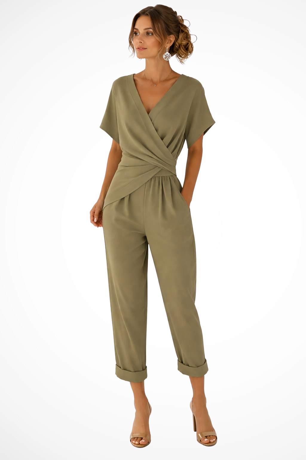 Women's Long Jumpsuit with Crossed Front, Short Sleeves, and Cropped Pants with Pockets