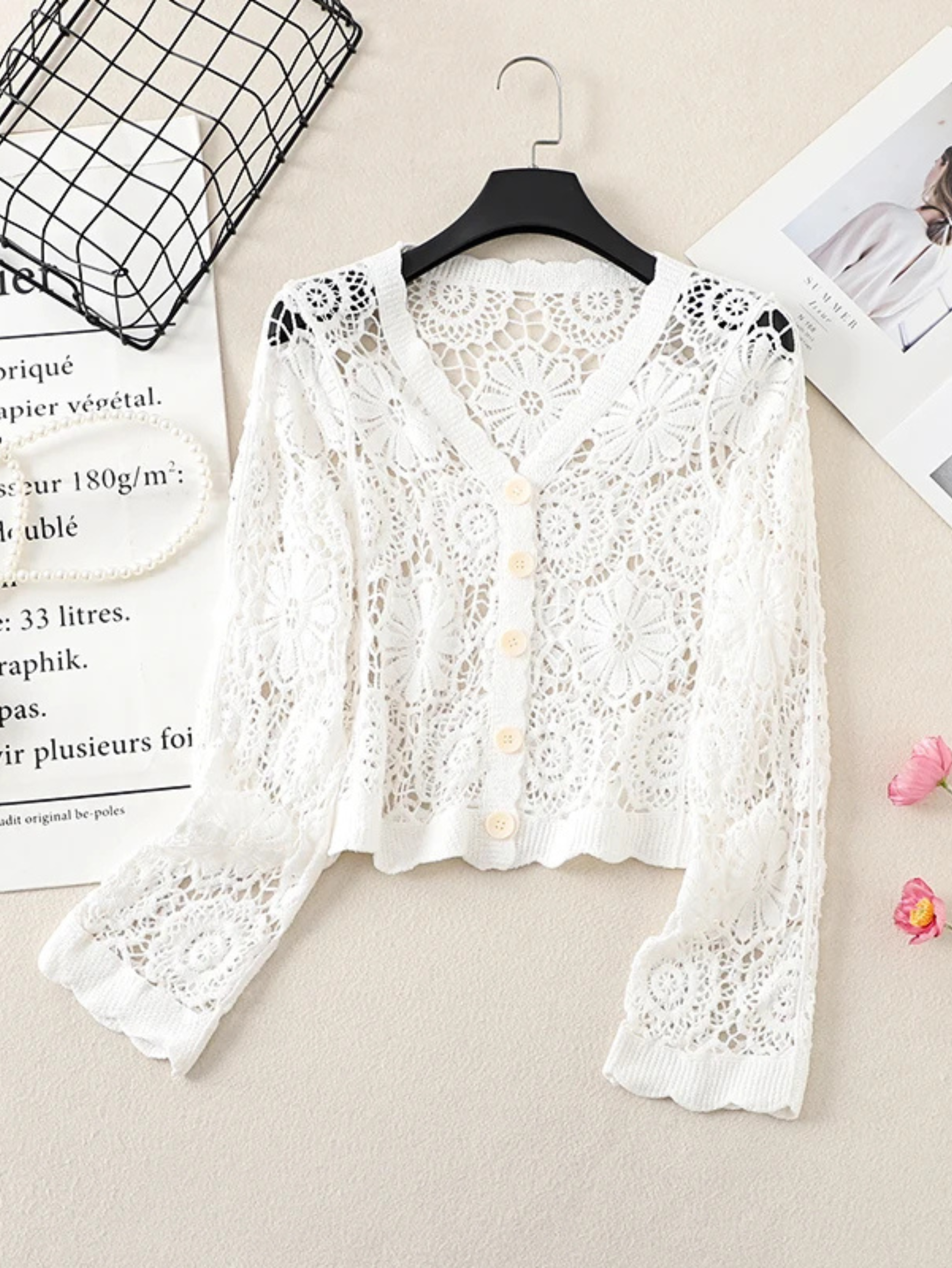 Women's Crochet Lace Cardigan with Buttons and Floral Cutout Design