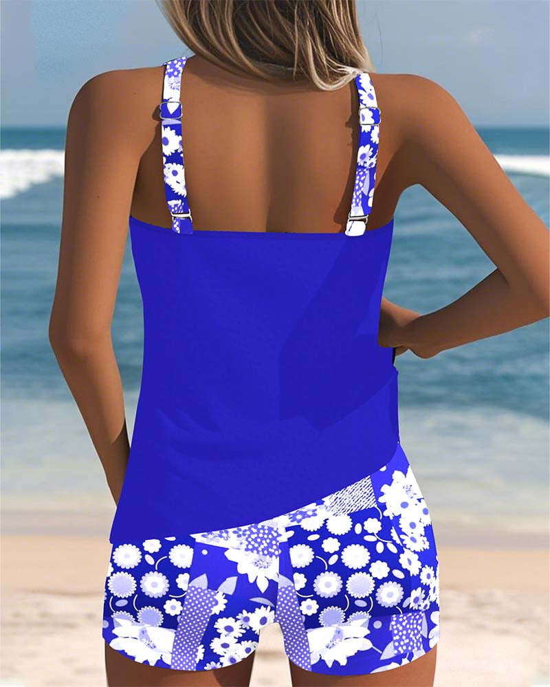 Bañador Tankini de Dos Piezas Estampado de Flores Top sin Mangas y Pantalones Cortos