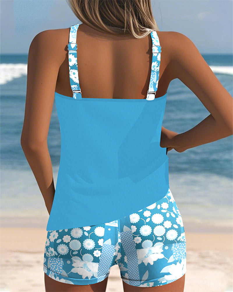 Bañador Tankini de Dos Piezas Estampado de Flores Top sin Mangas y Pantalones Cortos