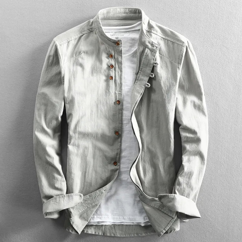 Férfi pamut-len ing Mao gallérral és hosszú ujjú slim fit szabással