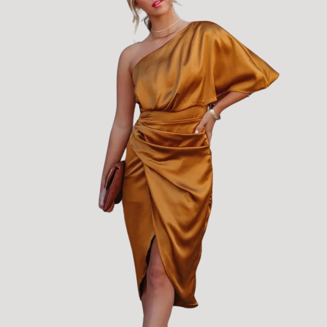 Satin Wedding Guest Dress with Asymmetric Neckline and Crossed Skirt