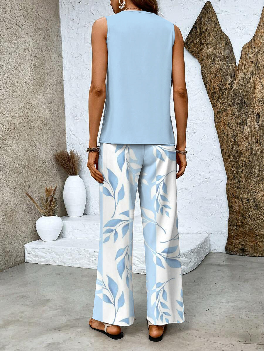 Two-Piece Set with Sleeveless Blouse and Wide-Leg Pants for Women