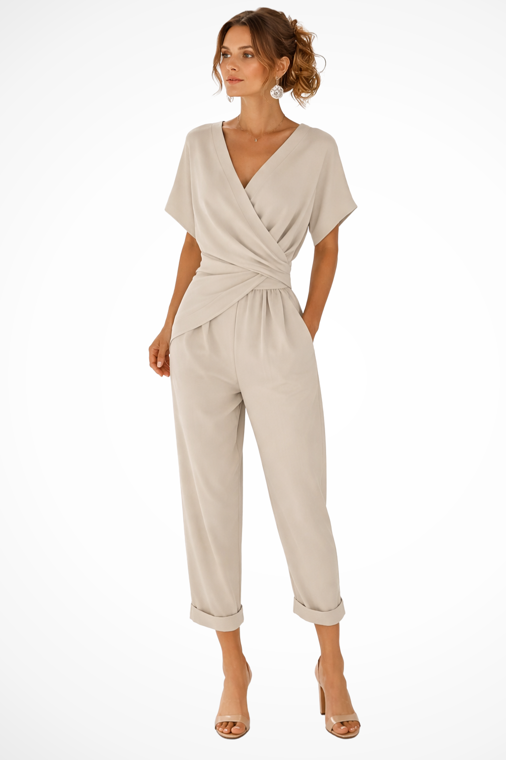 Women's Long Jumpsuit with Crossed Front, Short Sleeves, and Cropped Pants with Pockets