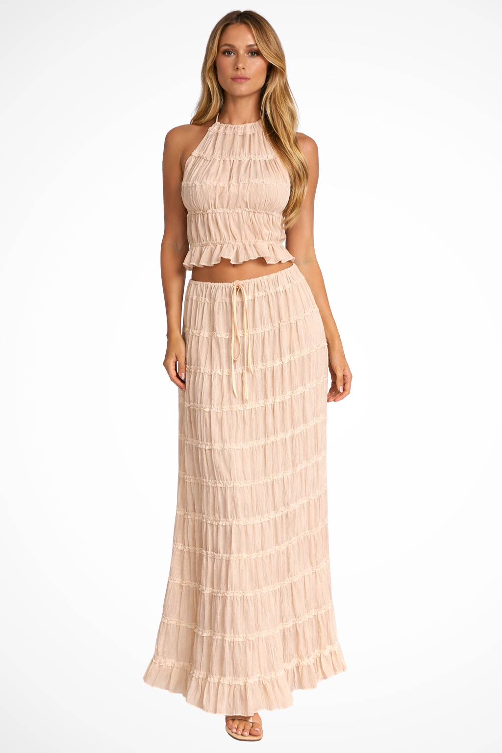 Conjunto de Dos Piezas para Mujer con Top Halter Fruncido y Falda Larga Fluida