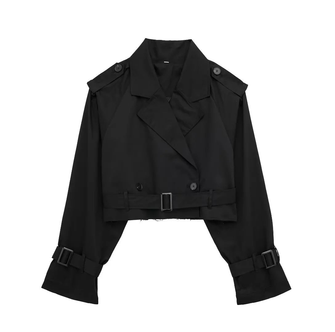 Gabardina curta para mulher casaco cropped de duplo abotoamento com cinto