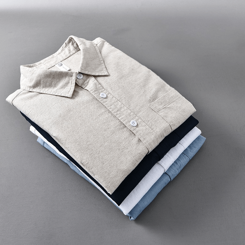 Camicia da Uomo in Cotone e Lino a Manica Lunga con Colletto a Risvolto e Bottoni