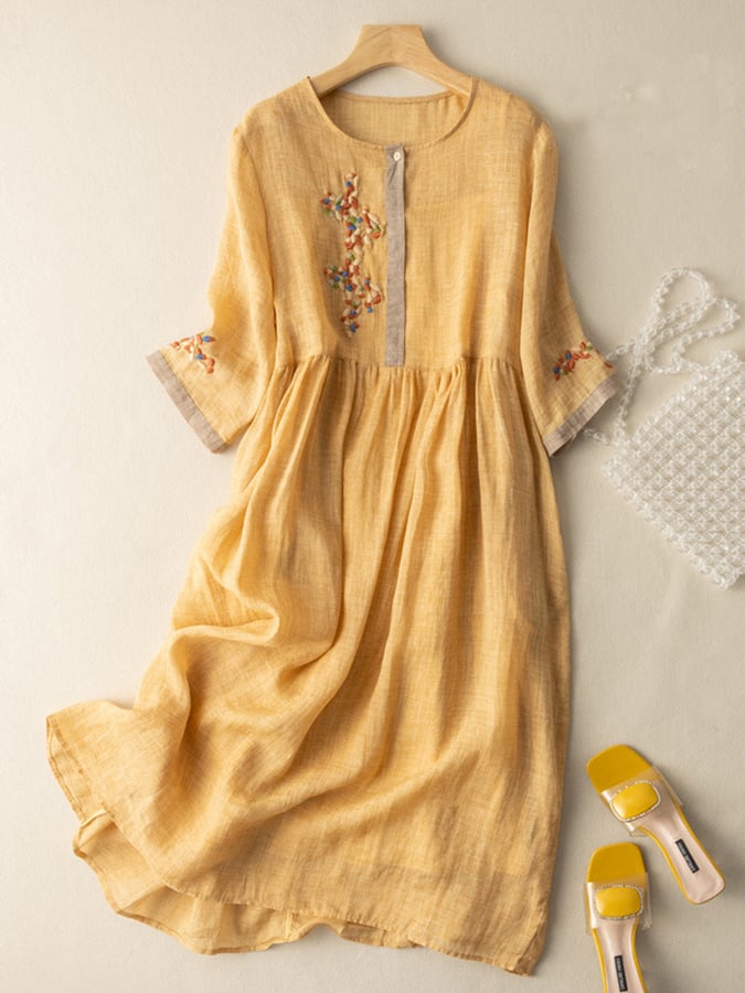 Vestido Midi de Algodón y Lino con Bordado Étnico y Manga Larga de Estilo Retro