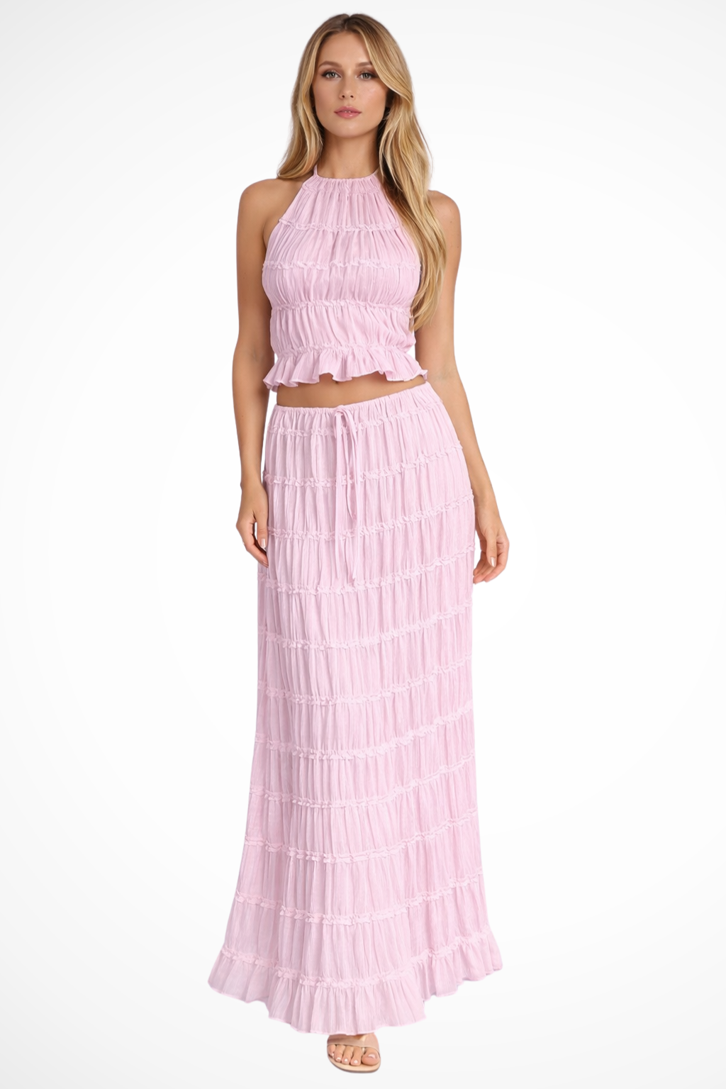Conjunto de Dos Piezas para Mujer con Top Halter Fruncido y Falda Larga Fluida