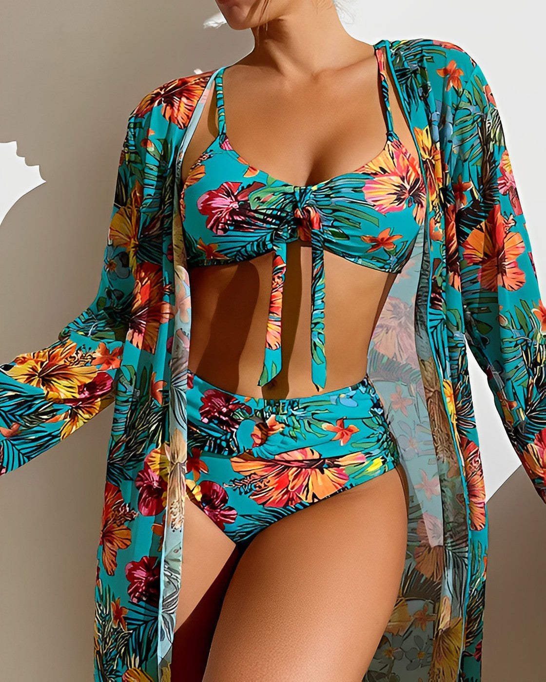 Bikini 3 pièces pour femme avec imprimé botanique et kimono de plage