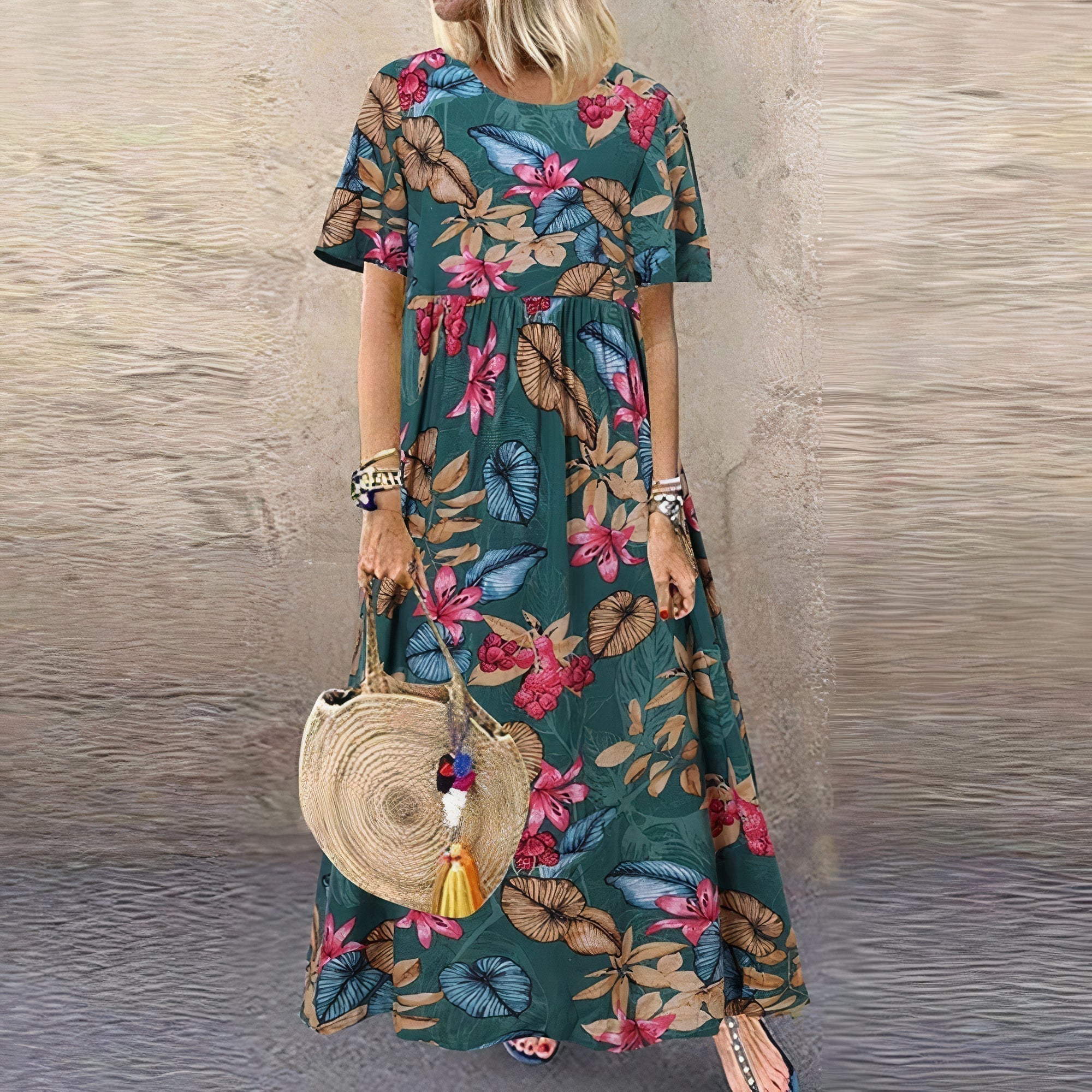 Rochie lungă cu guler rotund și imprimeu floral vibrant pentru femei