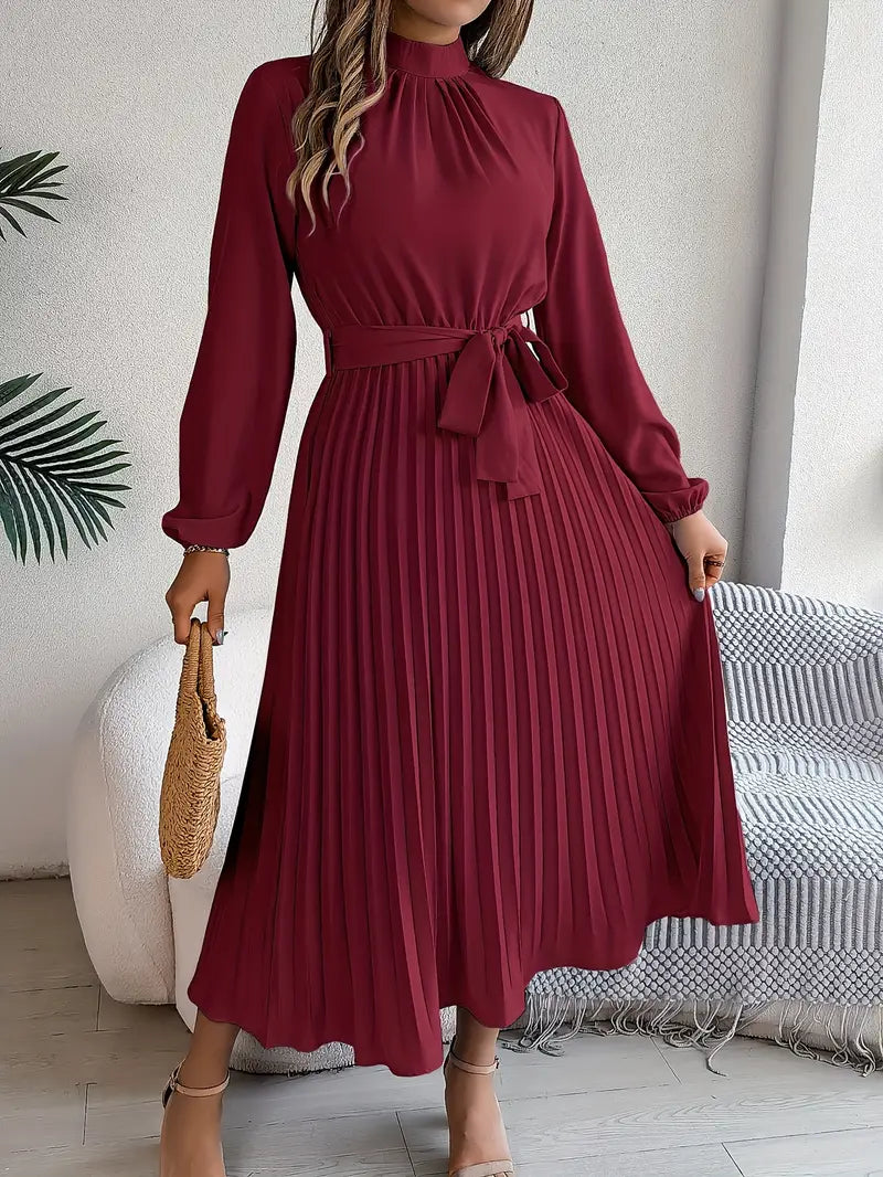 Vestido Longo Plissado de Manga Comprida com Gola Alta e Cinto para Mulher