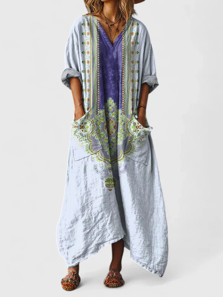 Robe longue pour femme avec col en V et imprimé floral style vintage