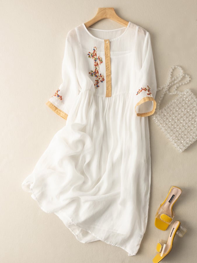 Robe brodée coton lin | coupe ample | style bohème | quotidien