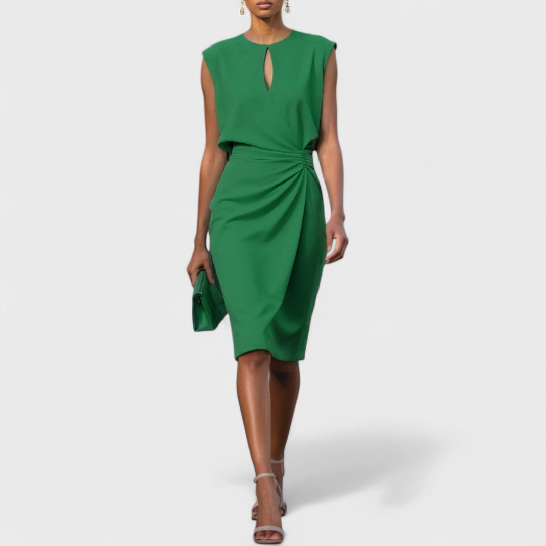 Robe midi croisée avec plis latéraux et col rond pour femme