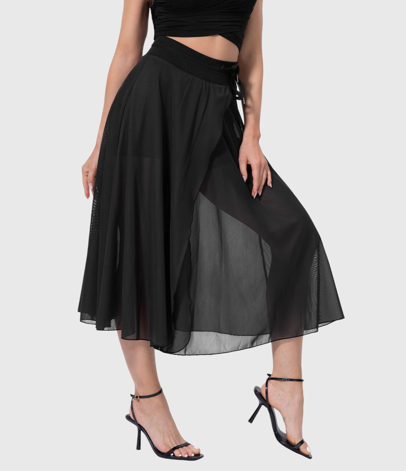 Jupe midi évasée taille haute pour femme avec cordon ajustable