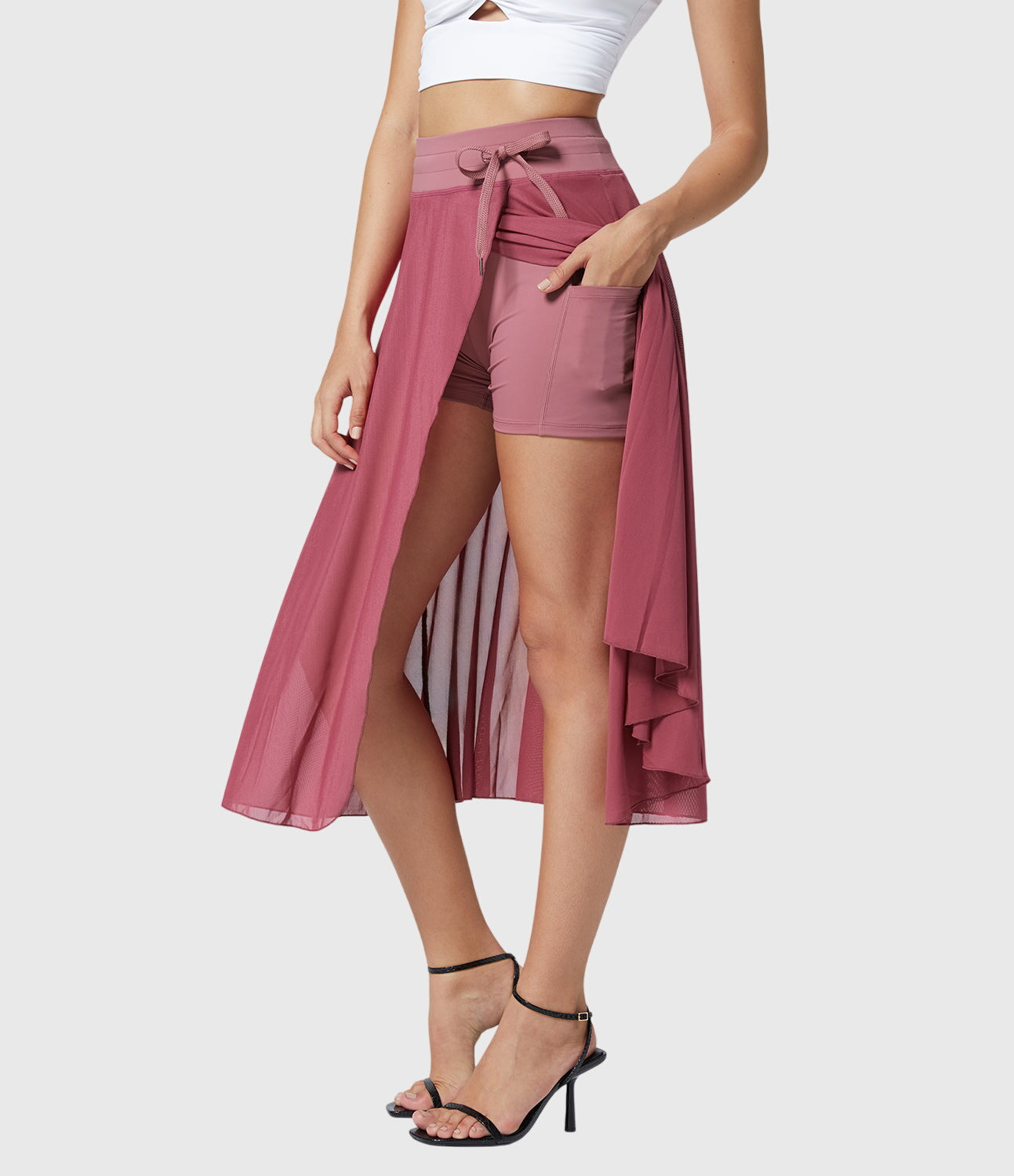 Jupe midi évasée taille haute pour femme avec cordon ajustable