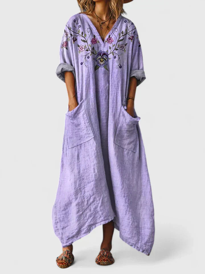 Robe longue pour femme avec col en V et imprimé floral style vintage