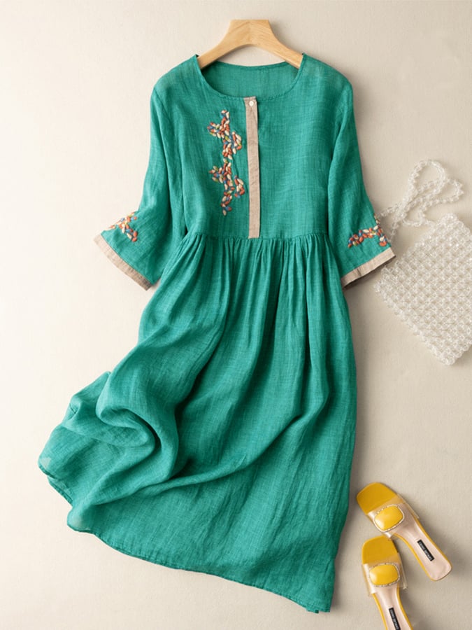 Vestido Midi de Algodón y Lino con Bordado Étnico y Manga Larga de Estilo Retro
