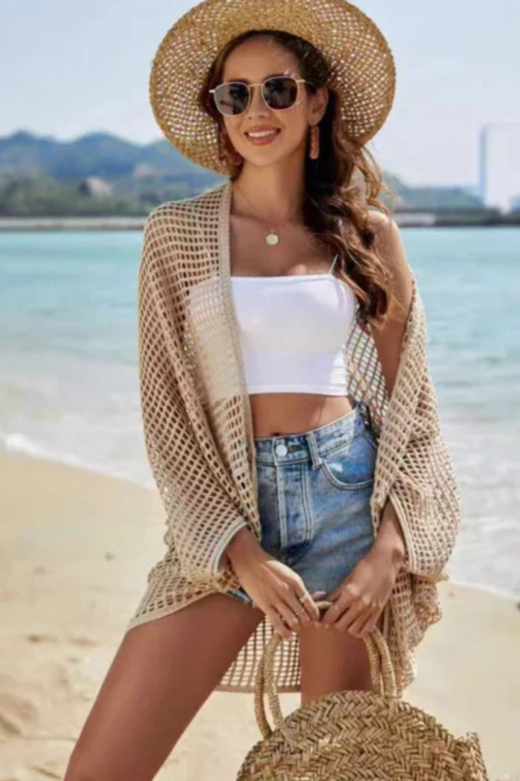 Cardigan en maille ajourée pour femme Veste en crochet et paréo de plage